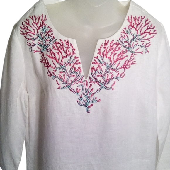 Talbots Women's Beaded V Neck Coral Tree Tunic Breezy 3/4 Sleeve Linen Dress S, - Picture 2 of 8